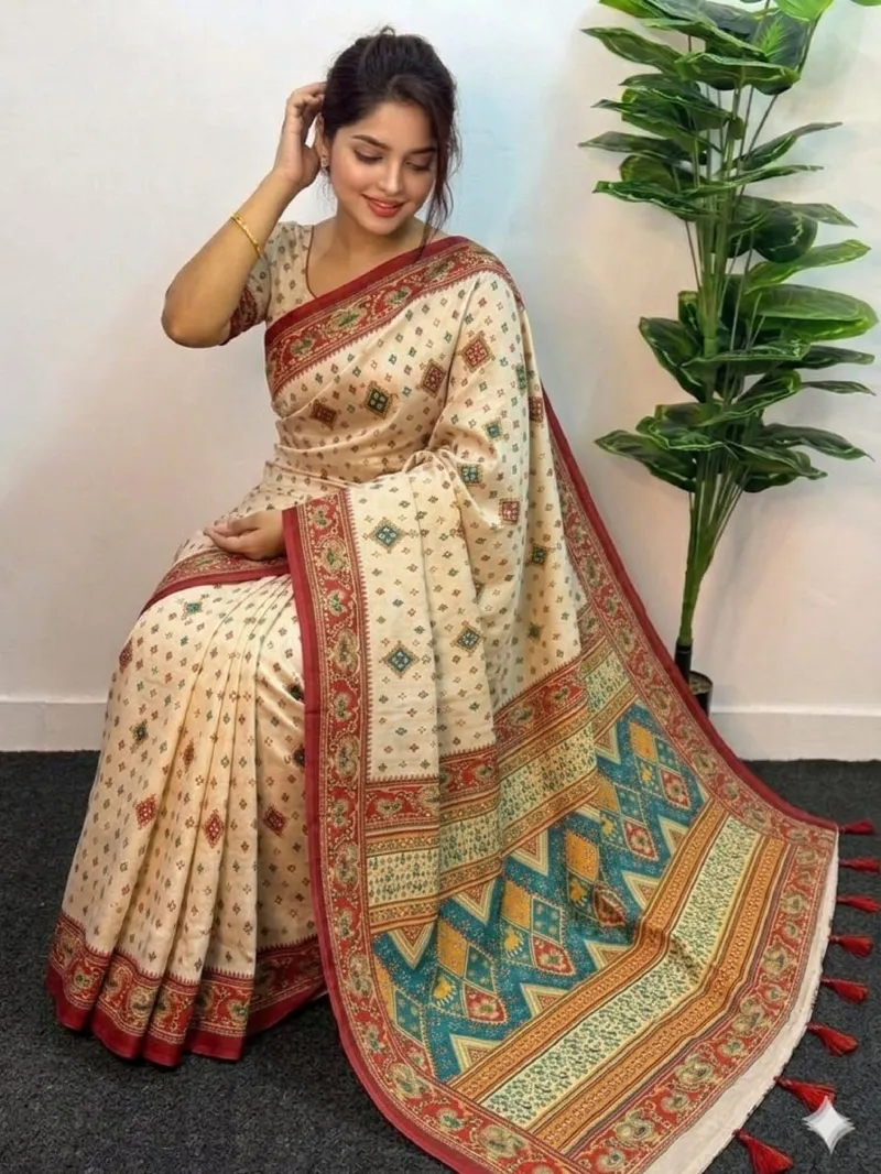 Pure Cotton Block and Screen Print Saree with Blouse Piece