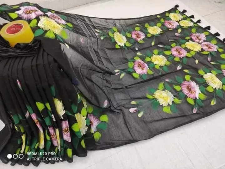 Women's Half Silk Saree with Hand Print Work, 6 Colours