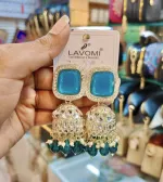 Premium Square Sky Blue & Dark Teal Blue Stone Kundan Jhumka Earrings