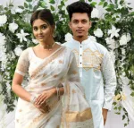 Couple Set, Semi Muslin Screen Print Saree and Block Print Panjabi