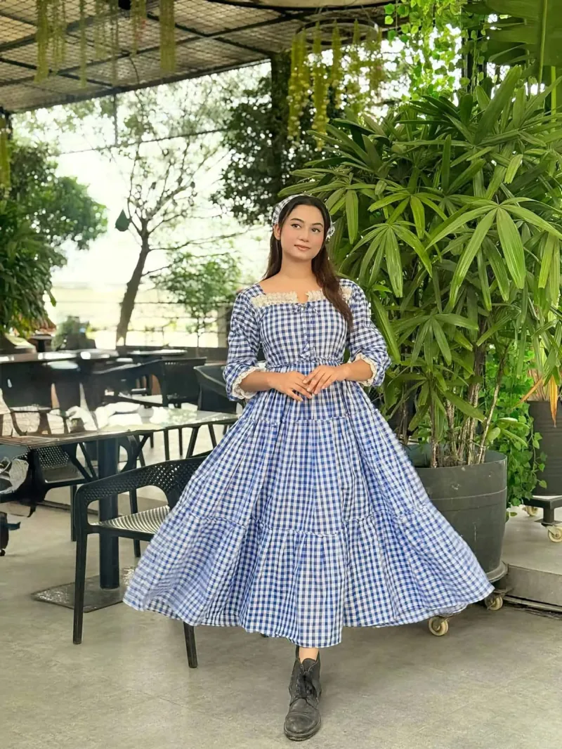 Women's Cotton Check Print Gown Kurti with Lace and Belt