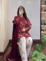 Women's Cotton Skin Print Three Piece with Lace, Sizes L to XXL