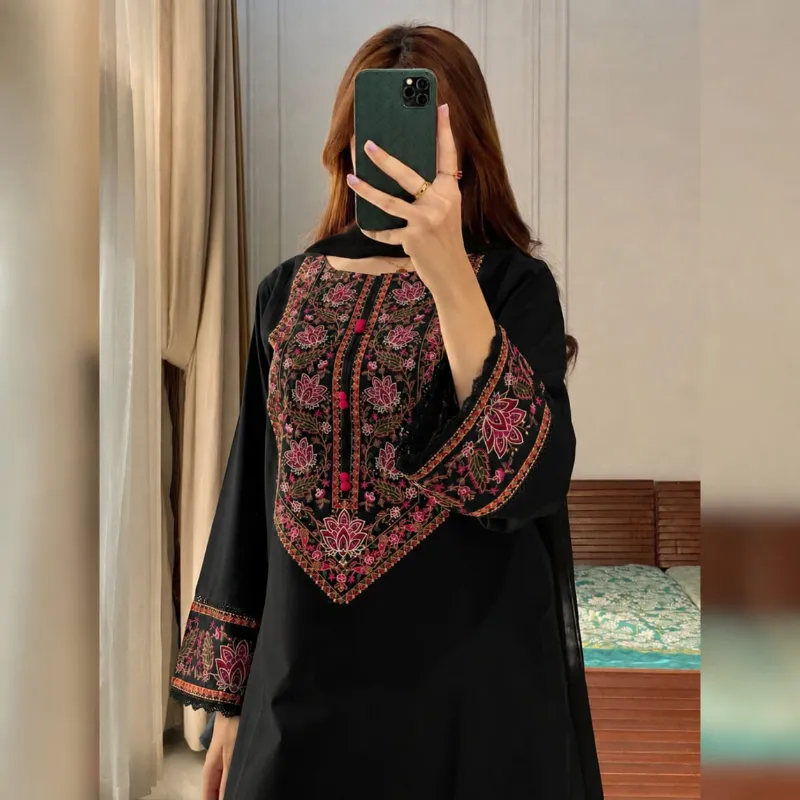 Soft Cotton Three Piece with Embroidered Salwar and Georgette Orna