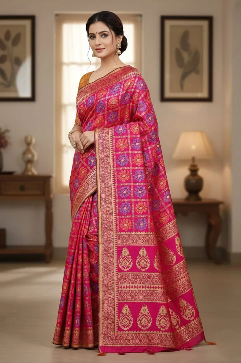 Kaftan Silk Digital Print Saree with Tassels and Zari Border