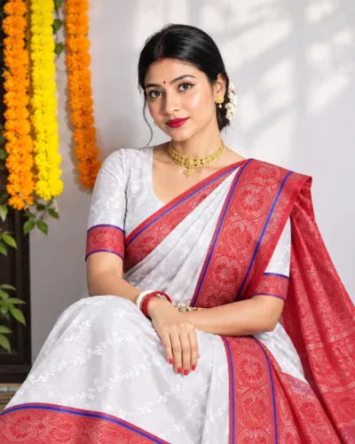 Soft Silk Katan Saree for Puja and Festivals, with Blouse Piece