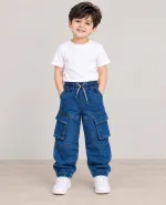 Boys' Six Pocket Cotton Denim Baggy Joggers, 2 to 12 Years