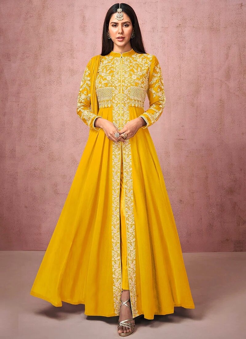 Women's Georgette Embroidered Party Dress with Chiffon Orna, 53 Inch