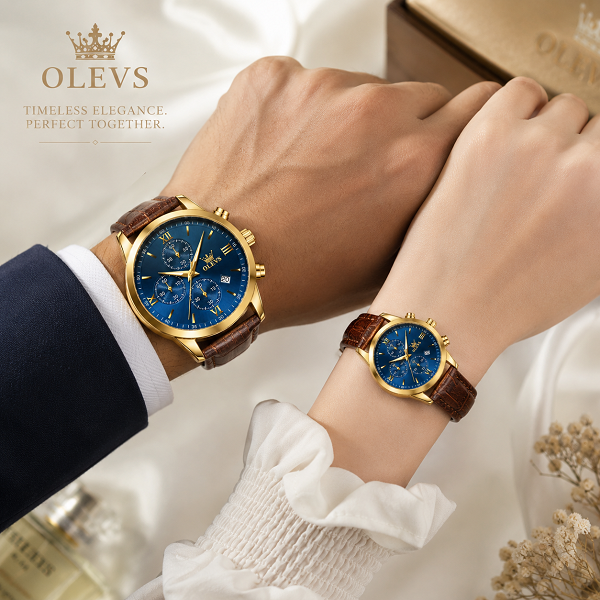 OLEVS Premium Luxury Leather Strap Couple Watch