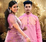 Couple Set, Semi Muslin Screen Print Saree and Block Print Panjabi