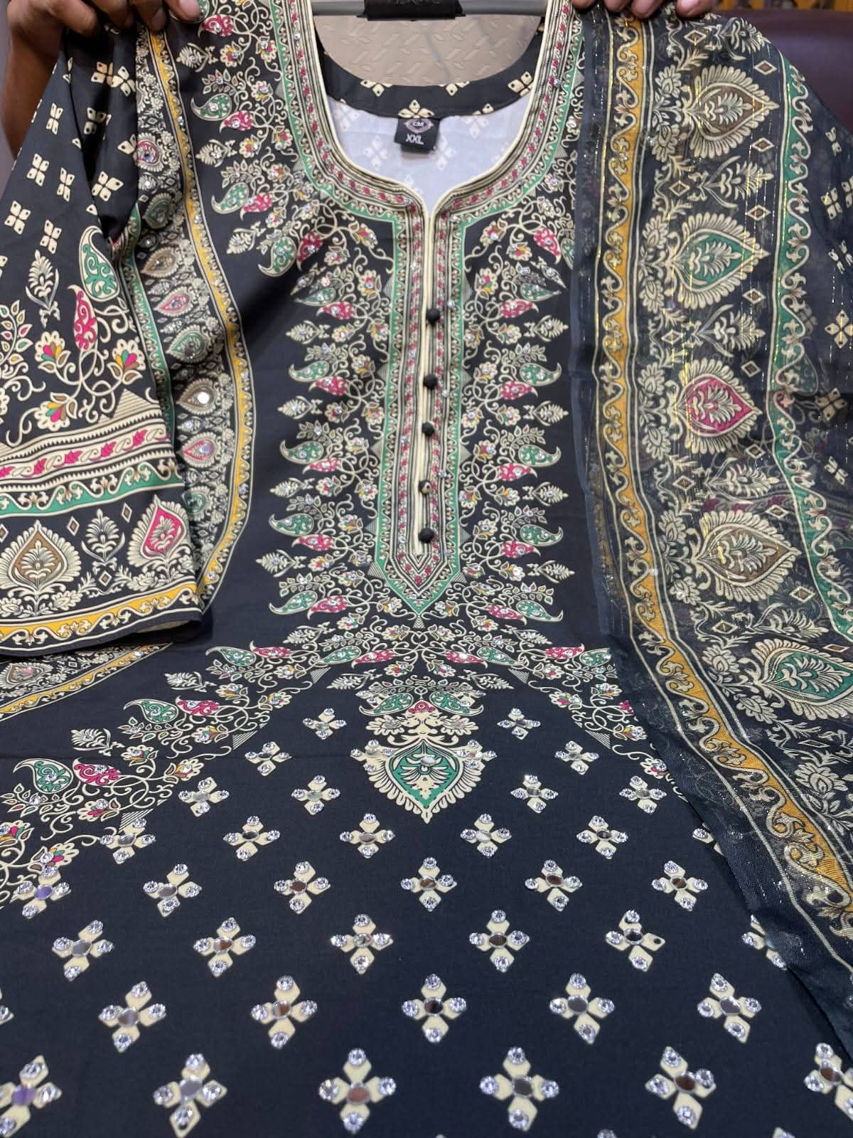 Digital Print Lace Detail Three Piece for Women, Georgette Orna