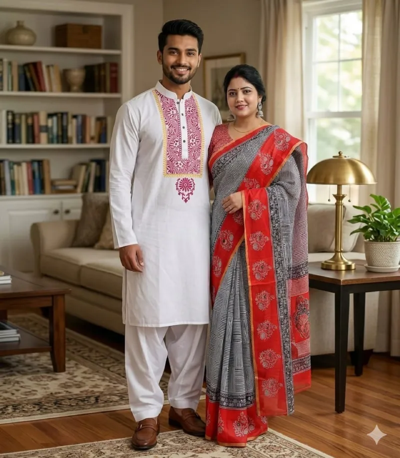 Boishakh Couple Saree and Panjabi Set, Half Cotton and Dhupian Silk