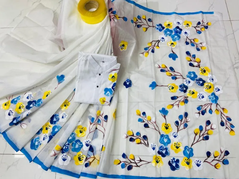 Hand Brush Print Couple Dress, Half Silk Saree and Dhupian Panjabi