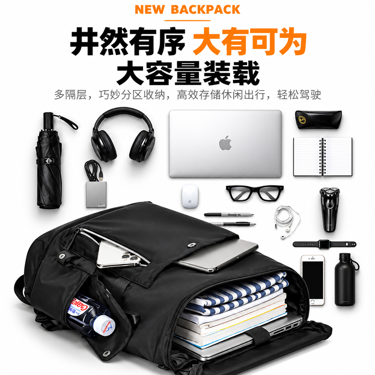 Men's Premium Waterproof PU Leather Laptop Backpack - Black