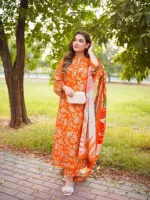 Smooth Micro Stitch Digital Print Three Piece with Lace Work