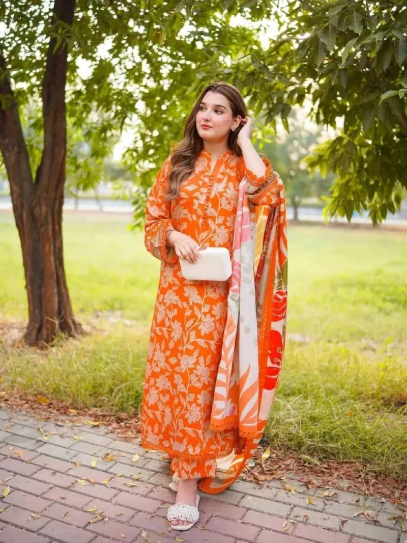 Smooth Micro Stitch Digital Print Three Piece with Lace Work