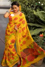 Half Silk Saree with Screen Print Work, 6 Colours