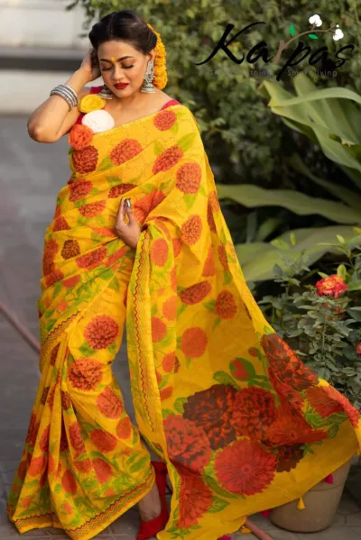 Half Silk Saree with Screen Print Work, 6 Colours