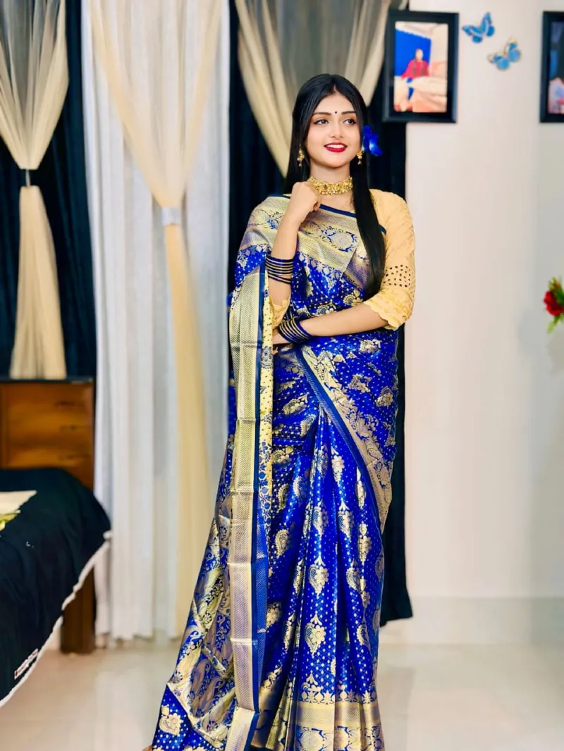 Buti Work Soft Silk Katan Saree, Saree Only, 12 Haath