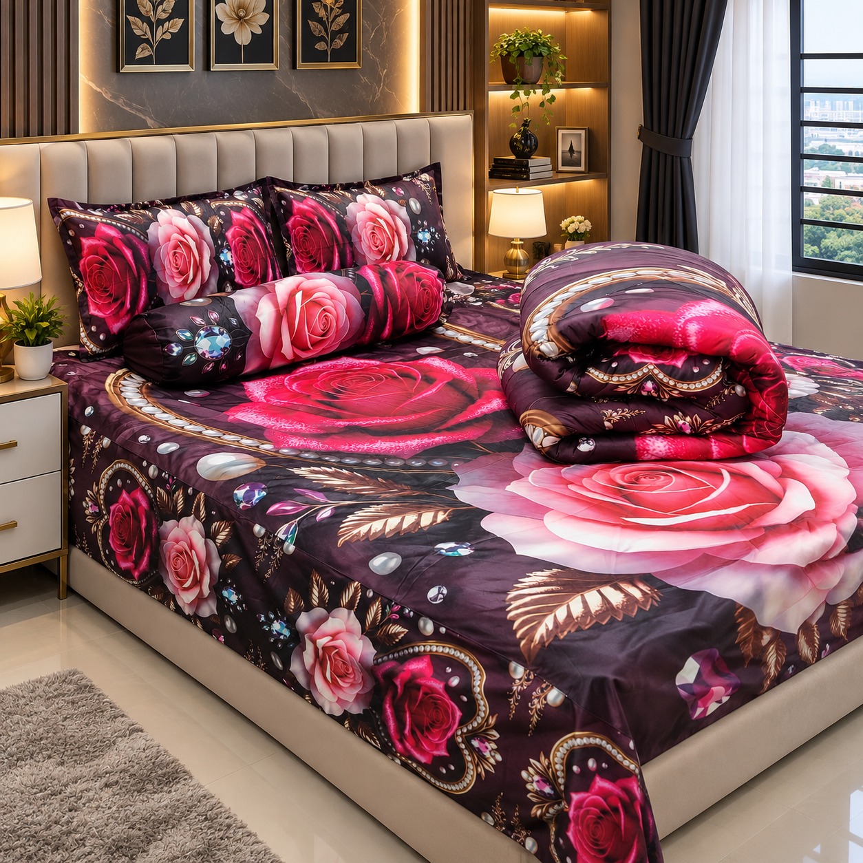 3D Design Comforter and King Size Velvet Bed Sheet Set, 6 Colours
