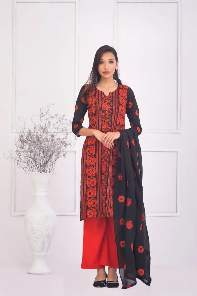 Semi-Stitched Pure AC Cotton Three Piece with Embroidery