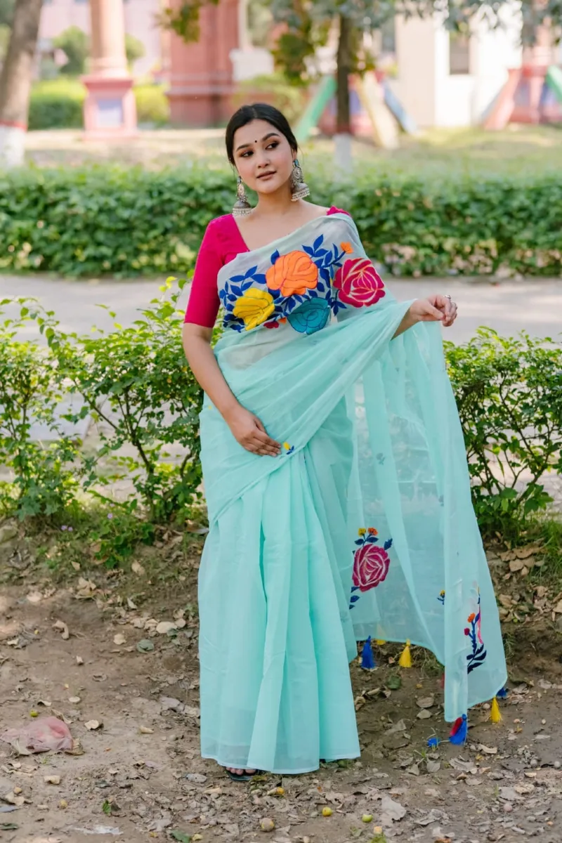 Embroidered Half Silk Saree for Women, 12 Haath Length