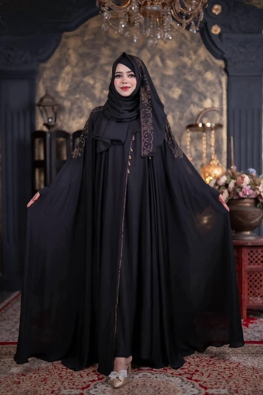 Nurjahan Stone Work Abaya in Cherry Fabric, 5 Colours