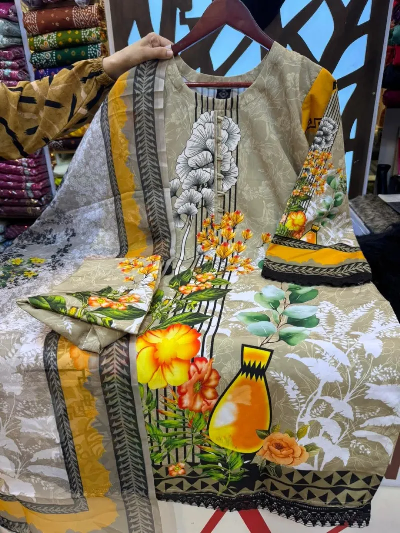 Readymade Digital Print Three Piece with Lace Work, 5 Colours
