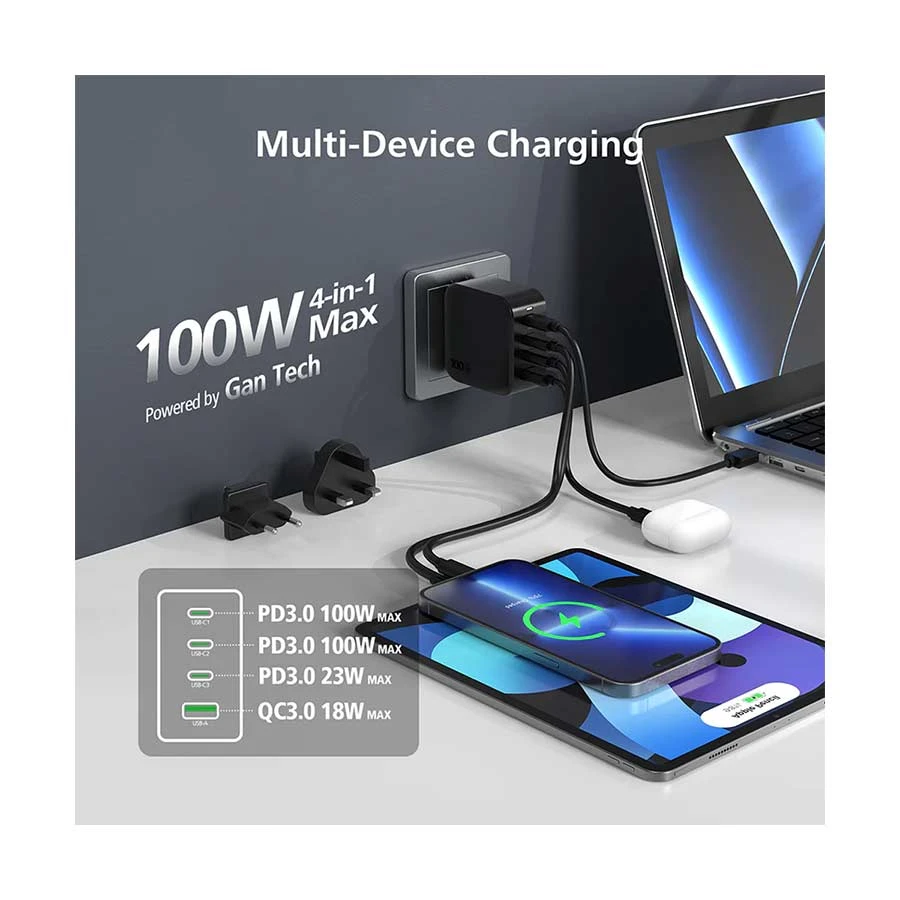 Micropack MWC-4100 100W GaN 4-Port Travel Charger with USB-C Cable