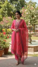 Women's Linen Three Piece with Embroidery and Kota Silk Orna