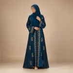 Premium Zafran Felix Luxury Abaya with Embroidery & Stone Work | Matching Hijab & Adjustable Inner | Modest Fashion Teal Blue