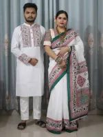 Couple Slub Cotton Panjabi and Half Silk Saree Set, 6 Colours