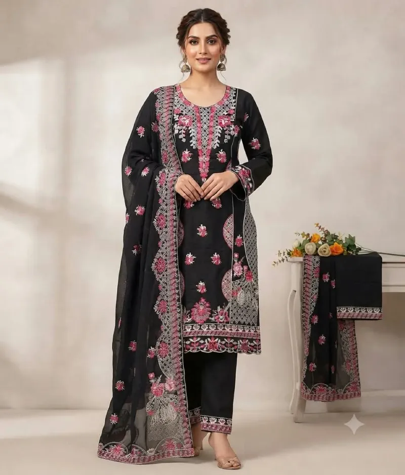 Readymade Three Piece with Lace Sleeves and Cutwork Orna, 3 Colours