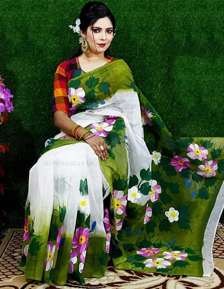 Women's Half Silk Saree with Hand Brush Paint Work