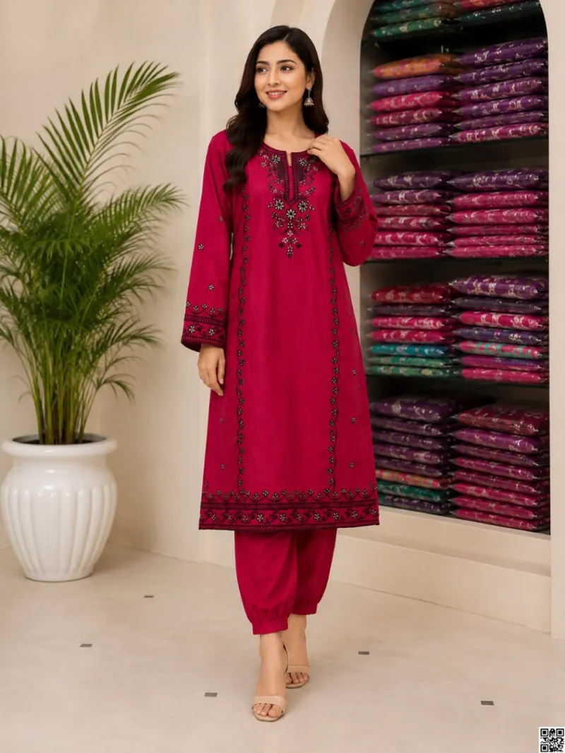 Linen Full Body Embroidery Two Piece Set, M to XXL