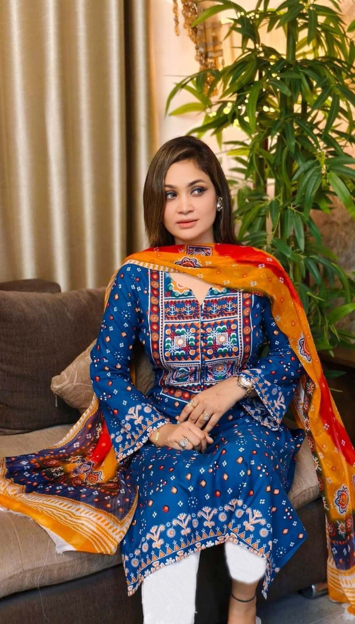 Women's Linen Stone Work Three Piece with Cotton Orna