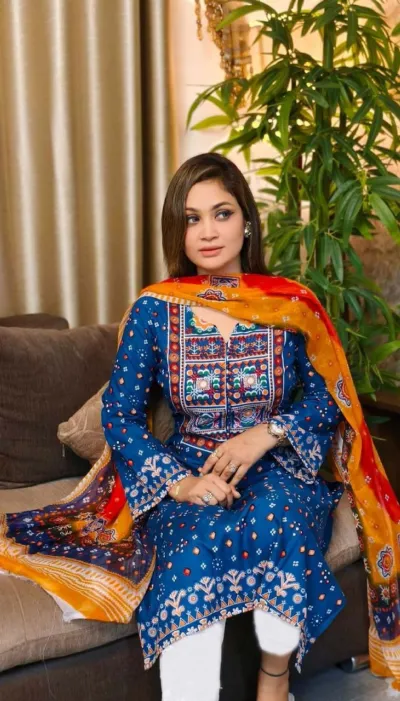 Women's Linen Stone Work Three Piece with Cotton Orna