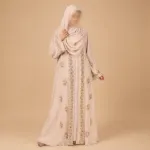 Premium Zafran Felix Luxury Abaya with Embroidery & Stone Work | Matching Hijab & Adjustable Inner | Modest Fashion Light Peach