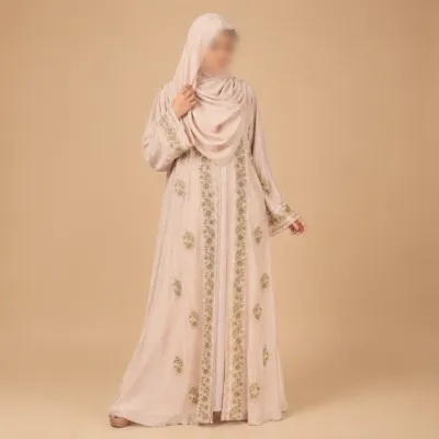Premium Zafran Felix Luxury Abaya with Embroidery & Stone Work | Matching Hijab & Adjustable Inner | Modest Fashion Light Peach