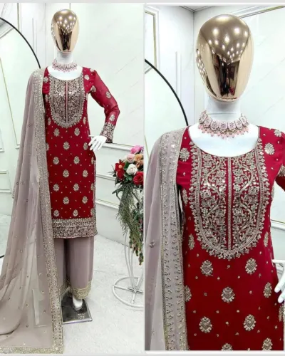 Fox Georgette Sequin Embroidery Three Piece, L to XXL