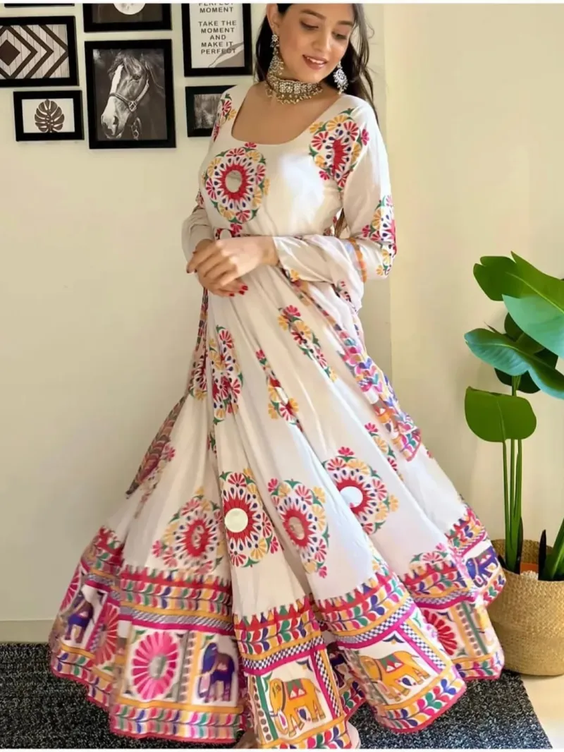 Women's Digital Print Gown Three Piece with Dollar Work, Full Sleeve