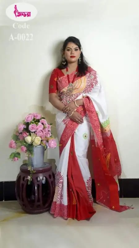 Dhupian Silk Embroidery Saree with Block Print, 13 Haath Long