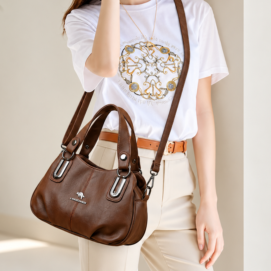 Premium Multi-Compartment Designer Handbag - Brown