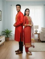 Couple Block Print Three Piece with Dhupian Silk Panjabi, 6 Colours