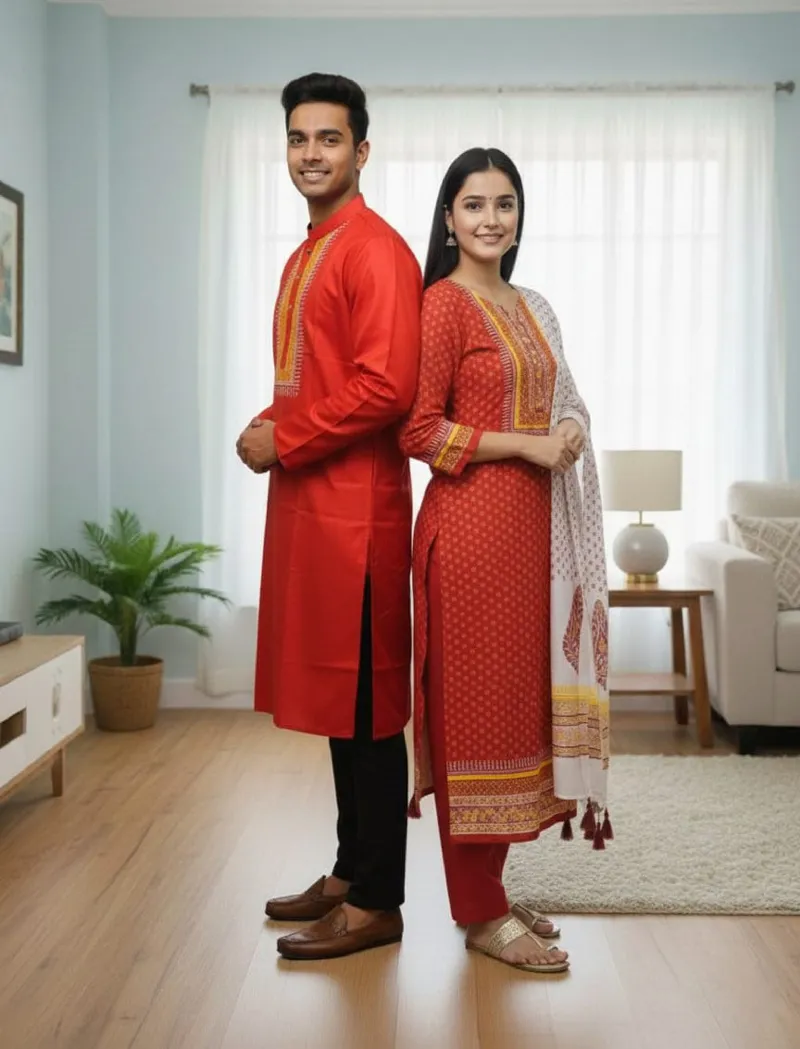 Couple Block Print Three Piece with Dhupian Silk Panjabi, 6 Colours