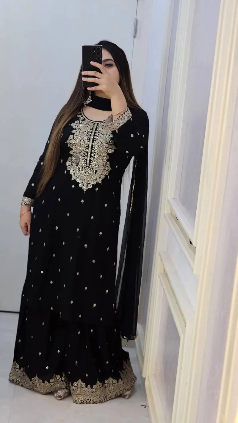 Women's AC Cotton Gharara Three Piece with Sequin Embroidery