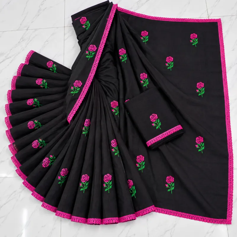 Glamorous Black Cotton Saree with Rose Embroidery & Pink Lace Border