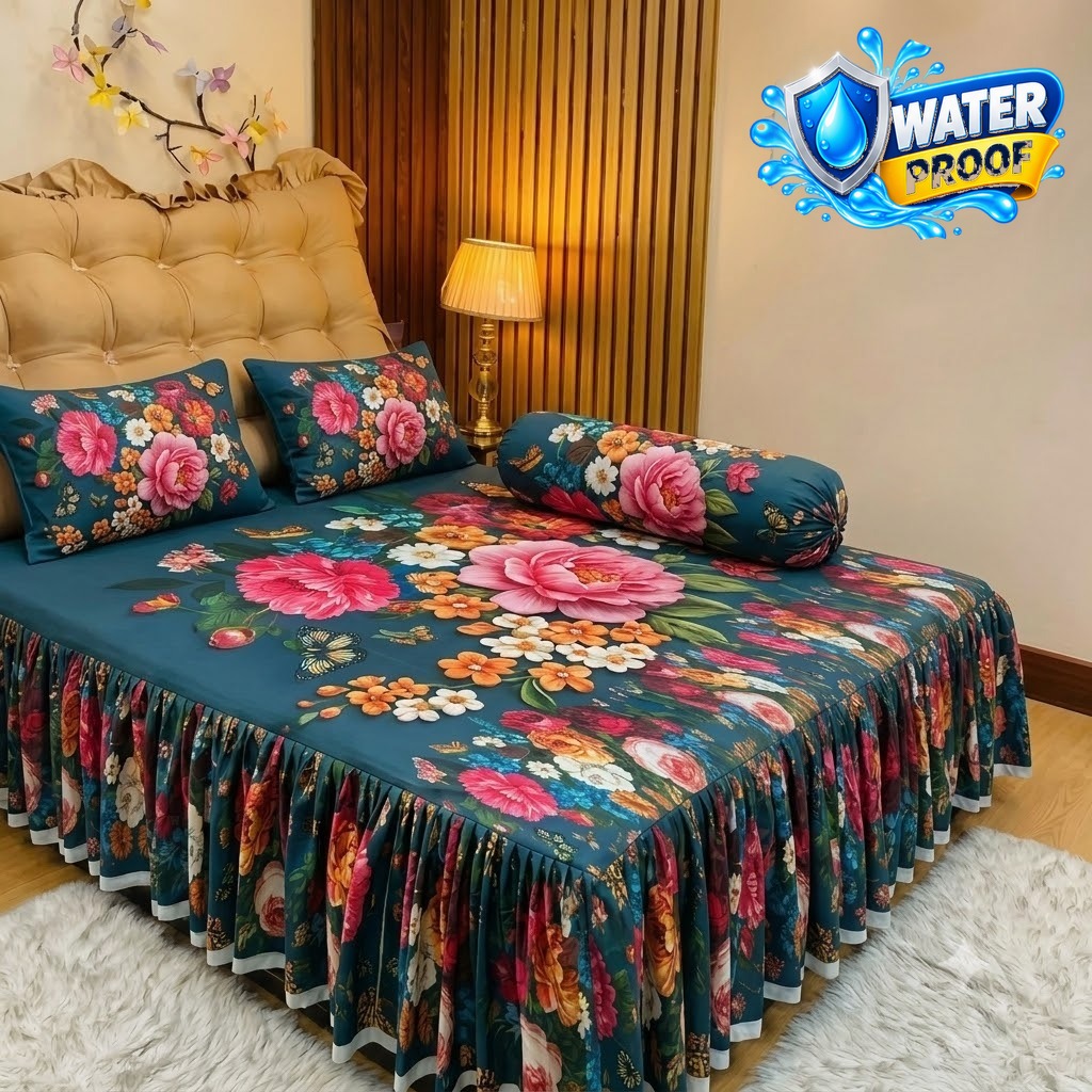 Waterproof 3D Ruffle Bedsheet Set with Pillow Covers, 7x8 ft