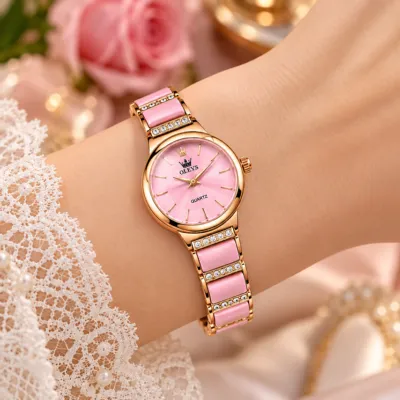 OLEVS Rose Gold & White Ceramic Diamond Luxury Women's Quartz Watch