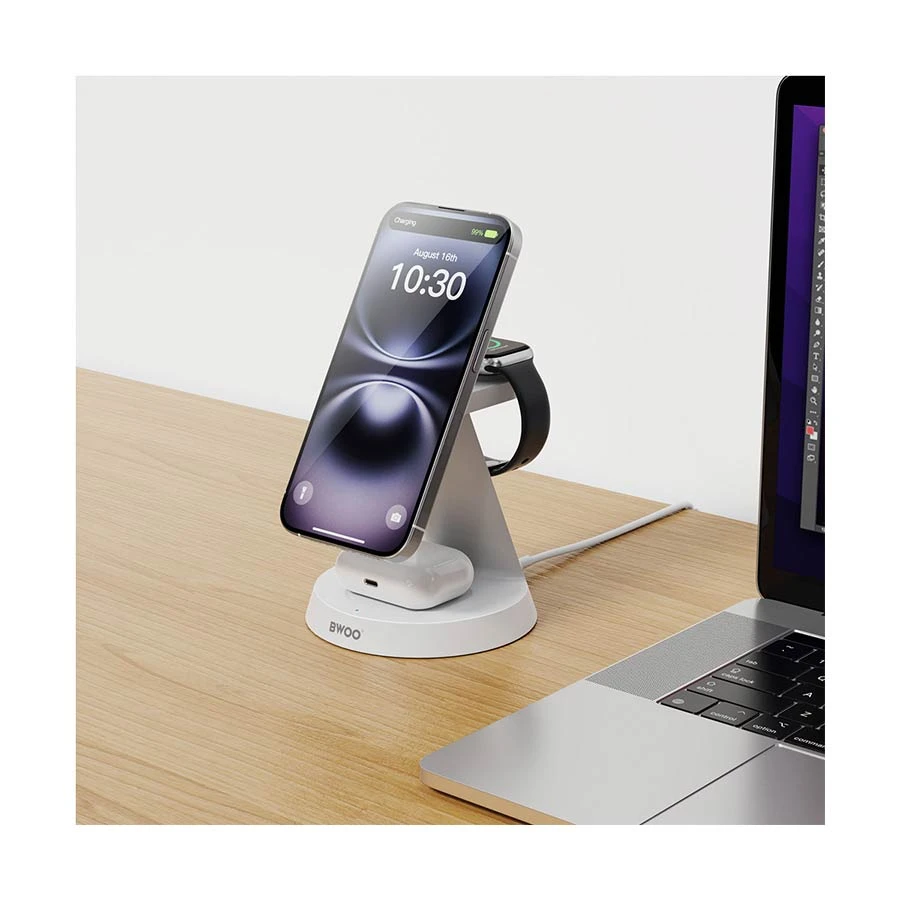 Bwoo BO-WL23 15W 3 in 1 MagSafe Qi Wireless Charger, White
