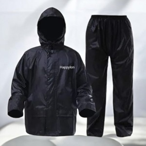 100% Water proof High quality Rain Coat With Pant. (Happylon) Black